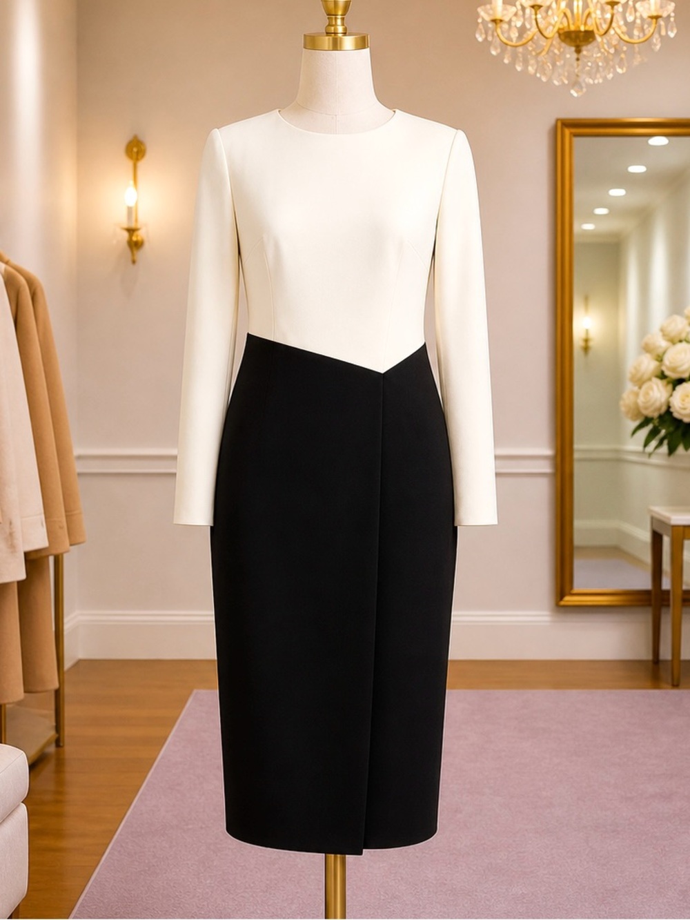 Lauren Ralph Lauren Colorblock Dress Cream Black Long Sleeve Sheath 10 MSRP $145